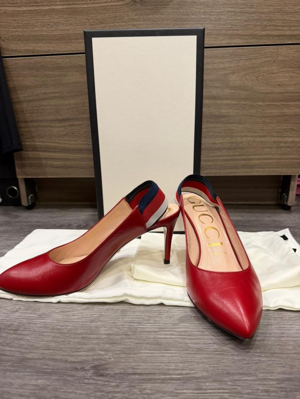 Gucci Red Leather Pointed Slingback Heels with Blue and White Striped Elastic